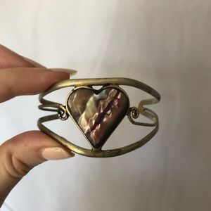 Silver Artisan Abalone Heart Boho Chic Cuff Bracelet